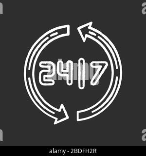 Aprire intorno all'orologio l'icona di gesso bianco su sfondo nero. servizio 24 7 ore su 24. Settore altamente disponibile. Ventiquattro sette ore di commercio. Circolare Illustrazione Vettoriale