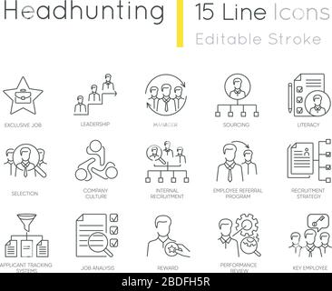 Pixel headhunting perfetto icone lineari impostato. Gestione delle risorse umane, reclutamento aziendale, occupazione simboli di contorno personalizzabili per linee sottili Illustrazione Vettoriale