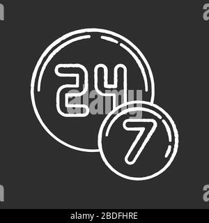 24 7 cerchio badge gesso bianco icona su sfondo nero. Ventiquattro sette ore segno rotondo. Servizio sempre disponibile. Negozio aperto tutta la settimana. Commercio Illustrazione Vettoriale