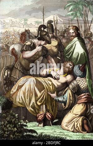 'Le corps de Darius (Darios) III Coloman (380-330 avant JC) assassine par Nabarzane et le satrape Bessos est amene a Alexandre le Grand en 330 avant J Foto Stock