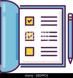Aprire l'icona a colori RGB del notebook. Elenco con caselle di controllo contrassegnate. Modulo di prova completato. Contrassegnare le caselle per il sondaggio. Carte scolastiche. Report Office. Riempire il rapporto con Illustrazione Vettoriale