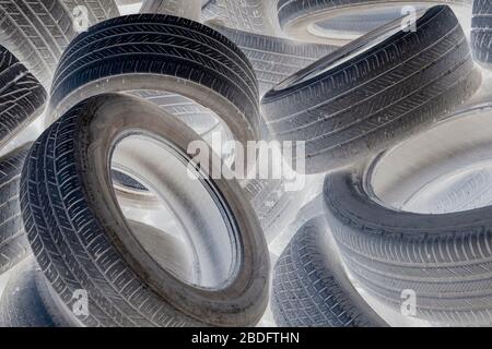 Immagine invertita di pile di pneumatici scartati in discarica Foto Stock