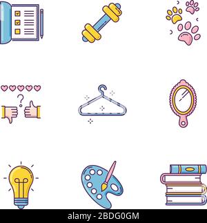 Set di icone a colori RGB per lo stile di vita. Elenco per lavoro. Attività sportive. Stampa zampe PET. Tasso di revisione. Appendiabiti vuoto. Specchietto manuale. Lampadina incandescente. Creativo Illustrazione Vettoriale