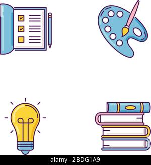 Set di icone a colori RGB hobby e lavoro. Aprire il notebook. Caselle di controllo nell'elenco. Tavolozza artista con pennello. Lampadina luminosa. Pila di libri. Creativo Illustrazione Vettoriale
