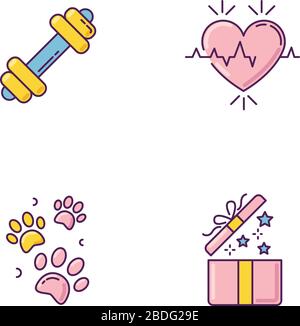 Set di icone a colori RGB per lo stile di vita. Allenamento in palestra. Manubri per l'esercizio. Frequenza cardiaca. Cardio-assistenza sanitaria. Stampe della zampa PET. Regalo aperto. Regalo di compleanno per Illustrazione Vettoriale