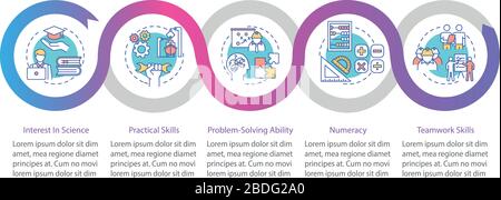 Modello di infografica vettoriale per requisiti tecnici marini. Elementi di progettazione della presentazione delle competenze dei membri dell'equipaggio. Visualizzazione dei dati con 5 passaggi. Processo Illustrazione Vettoriale