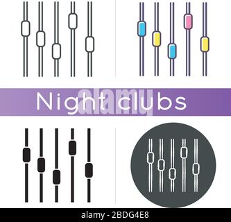 Icona equalizzatore musicale. Stili di colore nero e RGB lineari. Regolazione del suono, controllo del volume e della frequenza, impianto audio, mixer stereo. Night club Illustrazione Vettoriale