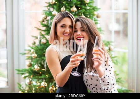 Allegra femmina con scintillante sorridente e bicchieri da chiodare con amici durante la festa di Natale a casa Foto Stock