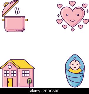 Set di icone a colori RGB per lo stile di vita. Pentola di cottura. Ricetta alimentare. Pentola con vapore. Amore affettuoso. Figlio bambino. Bambino in diper. Rosa casa. Servizio di pulizia Illustrazione Vettoriale