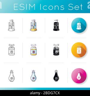 Purificatori d'aria, umidificatori, set di icone per l'elettronica domestica. Dispositivi respiratori, apparecchi ionizzanti, regolatori di umidità. Lineare, nero e RGB Illustrazione Vettoriale