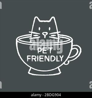 Cat friendly caffè gesso bianco icona su sfondo nero. Il gattino ha permesso lo stabilimento di servizio di cibo. Animali domestici ammessi territorio, animali ammessi Illustrazione Vettoriale