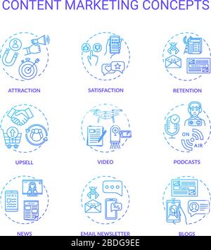 Set di icone concettuali di marketing dei contenuti. Pubblicità su Internet, strategie online di attrazione per i clienti idea sottile linea RGB illustrazioni a colori. Vettore Illustrazione Vettoriale