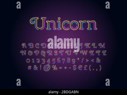 Modello carattere luce al neon Unicorn. Set vettoriale illuminato multicolore. Lettere maiuscole, numeri e simboli luminosi con effetto luminoso esterno Illustrazione Vettoriale
