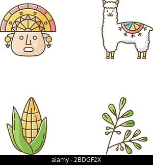 Icone colore RGB Perù impostate. Caratteristiche del paese andino. Alpaca, incas, mais, coca. Storia degli Incas e tradizioni di vita. Costumi peruviani. Viaggiando in Sud Illustrazione Vettoriale