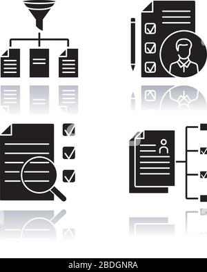 Professionale occupazione ombra ombra nero glyph icone set. Sistema di monitoraggio dei candidati, alfabetizzazione, analisi del lavoro e strategia di reclutamento. Executive Illustrazione Vettoriale