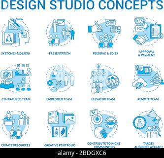 Studio di design, insieme icone concept officina. Designer gruppi di lavoro e fasi di processo creativo idea sottile linea RGB illustrazioni a colori. Vettore isolato Illustrazione Vettoriale