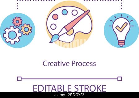 Icona del concetto di processo creativo. Generazione di idee, formazione di piani, illustrazione di linee sottili di idea della lavorazione della carta. Creazione di schizzi e progetti. Vettore isolato Illustrazione Vettoriale