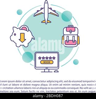 Risparmio di denaro turismo concetto icona con testo. Modello di vettore di pagina PPT. Prenotazione biglietti online, viaggi in classe economica. Brochure sull'aeroporto, rivista Illustrazione Vettoriale