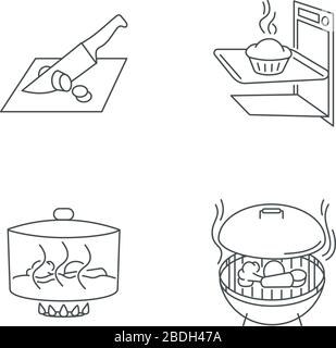 Metodi di cottura pixel Perfect icone lineari impostate. Taglio, cottura, cottura a vapore e cottura alla griglia simboli personalizzabili per linee sottili. Contorno del vettore isolato Illustrazione Vettoriale