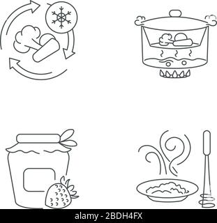 Metodi culinari pixel Perfect icone lineari. Congelamento degli alimenti, inscatolamento, cottura a vapore e purea simboli di contorno a linea sottile personalizzabili. Vettore isolato Illustrazione Vettoriale