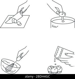 Metodi culinari pixel Perfect icone lineari. Taglio, cheesemaking, panna montata e caramelle rendendo personalizzabili i simboli di contorno a linea sottile Illustrazione Vettoriale
