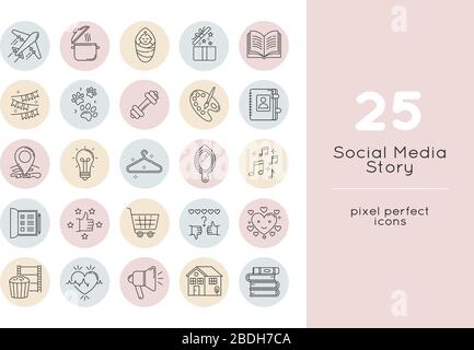 Set di icone lineari perfette per i pixel della storia dei social media. Viaggi e turismo. Ricetta di cottura. Hobby creativo. Simboli di contorno a linea sottile personalizzabili Illustrazione Vettoriale