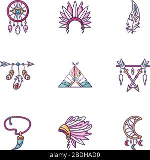 Accessori indiani nativi americani RGB icone colore set. Cappello capo tribù e teepee. Sognante in stile boho. Collana con dente, freccia con piume Illustrazione Vettoriale