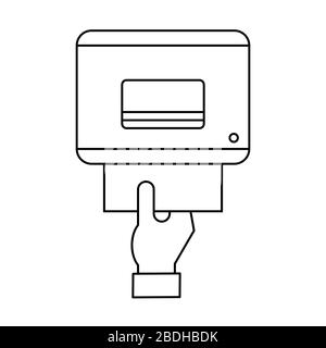 Icona della linea del dispenser di asciugamani. Mano tirando carta asciugamano in bagno. Dispenser automatico senza contatto con sensore a parete. Servizi igienici. Vettore Illustrazione Vettoriale