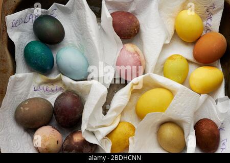 Pasqua. Sfondo di uova colorate naturalmente. Messa a fuoco selettiva. Foto Stock