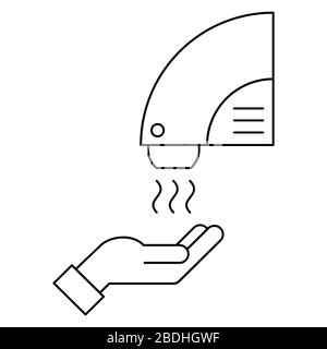 Icona della linea dell'essiccatore manuale. Lavare le mani in modo sicuro. Essiccatore manuale automatico con sensore. Protezione antibatterica e antivirus senza contatto. Vettore Illustrazione Vettoriale