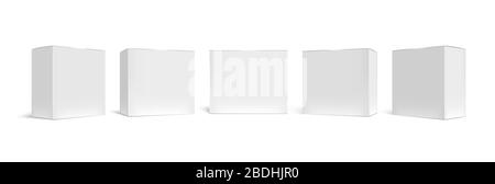 Scatola di imballaggio realistica. Set di template vettoriali 3D per scatole di cartone bianche, custodia medica e confezione rettangolare orizzontale. Pacchetti quadrati chiusi Illustrazione Vettoriale