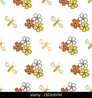 Simpatico motivo senza cuciture con ape e fiori. Vettore sfondo bianco. Ripetere Illustrazione Vettoriale