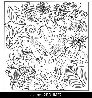 Set di piante tropicali, foglie, scimmie, pappagalli. Immagine vettoriale in bianco e nero in stile dodle. Per la progettazione di imballaggi, tessuti e bambini Illustrazione Vettoriale