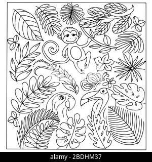 Set di piante tropicali, foglie, scimmie, pappagalli. Immagine vettoriale in bianco e nero in stile dodle. Per la progettazione di imballaggi, tessuti e bambini Illustrazione Vettoriale