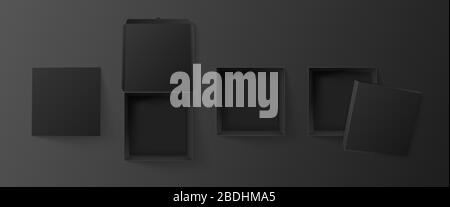 Vista dall'alto scatola quadrata nera. Pacchetto cubico vuoto, mockup di imballaggio della pizza e scatole regalo di carta scura insieme realistico di illustrazione vettoriale 3D. Aperto e chiuso Illustrazione Vettoriale