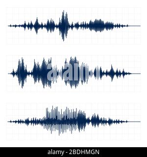 Grafico sismografico. Diagramma di attività sismica, onde a radiofrequenza e set di vettori per grafici a forma d'onda dell'oscilloscopio. Curva sismica su nastro di carta. Bugia Illustrazione Vettoriale