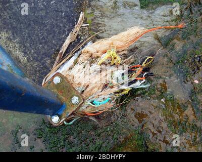 Inquinamento spiaggia micro plastica e industria della pesca commerciale corda di plastica scarta in mare. Cornwall Regno Unito. Credito: Robert Taylor/Alamy. Foto Stock