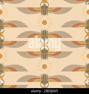 Simboli dell'antico Egitto sotto forma di un modello assurdo con un'illustrazione di un scarabeo con un simbolo del sole nelle zampe e nelle ali. Illustrazione Vettoriale