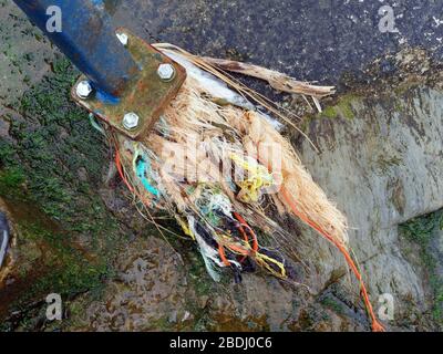 Inquinamento spiaggia micro plastica e industria della pesca commerciale corda di plastica scarta in mare. Cornwall Regno Unito. Credito: Robert Taylor/Alamy. Foto Stock