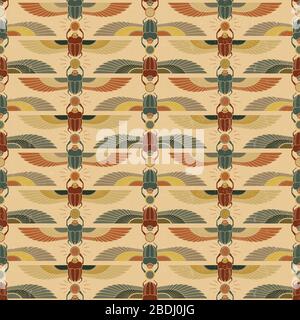 Simboli dell'antico Egitto sotto forma di un modello assurdo con un'illustrazione di un scarabeo con un simbolo del sole nelle zampe e nelle ali. Illustrazione Vettoriale