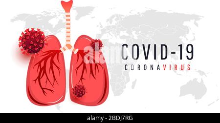 COVID-19 concetto pandemico del virus della corona. Polmoni umani e cellule di coronavirus su una mappa del mondo Illustrazione Vettoriale