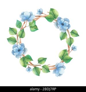 Wreath acquerello di verde e fiori di anemone blu. Elementi acquerelli isolati su sfondo bianco Foto Stock