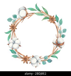 Wreath acquerello di fiori di cotone, anice e ramoscelli isolati su sfondo bianco Foto Stock