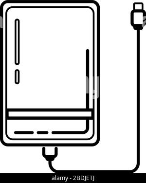 Icona dell'unità disco rigido esterna in linea con cavo USB isolato su sfondo bianco. Powerbank per la ricarica di dispositivi mobili. Disco rigido esterno portatile. Illustrazione del vettore dell'unità di memoria. Illustrazione Vettoriale