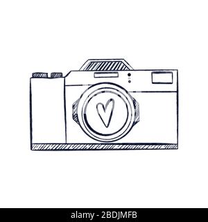 Icona telecamera retro isolata su sfondo bianco. Illustrazione disegnata a mano dal vettore. Stile linea. Illustrazione Vettoriale