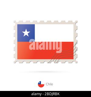 Francobollo con l'immagine della bandiera cilena. Chile Flag Posting su sfondo bianco con ombra. Illustrazione vettoriale. Illustrazione Vettoriale