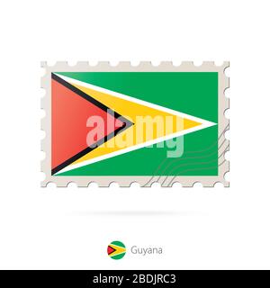 Francobollo con l'immagine della bandiera della Guyana. Guyana Flag Posting su sfondo bianco con ombra. Illustrazione vettoriale. Illustrazione Vettoriale