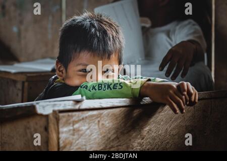 Bambini indigeni che imparano, territorio di Shiwiar, Ecuador Foto Stock