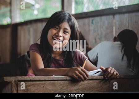 Bambini indigeni che imparano, territorio di Shiwiar, Ecuador Foto Stock