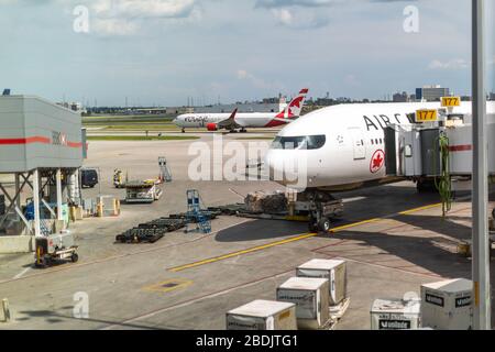 Toronto, Canada - 30 luglio 2019. Operazioni aeroportuali presso l'aeroporto internazionale Pearson in una luminosa giornata estiva. Foto Stock